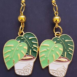 Handmade Gold Green Beaded Boho Plant Dangle Earrings